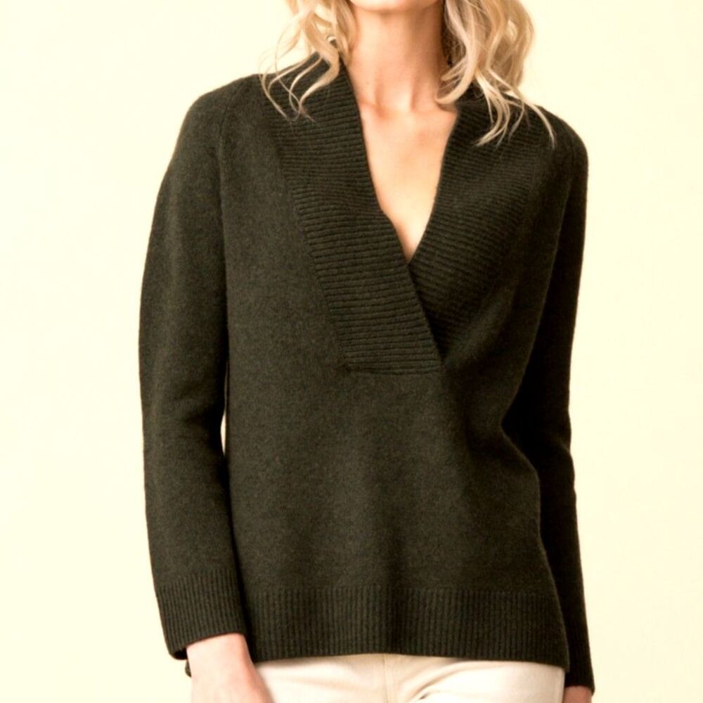 Vince Ribbed Shawl Collar Wool Cashmere V Neck Sweater Dark Grey S